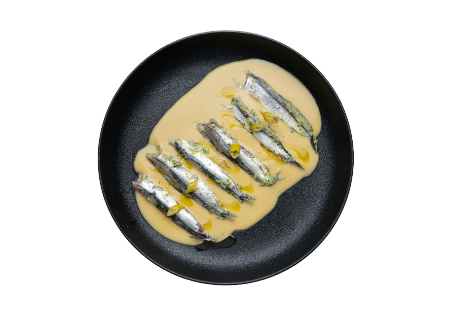 Locally-caught anchovies with gordal olive juice and peppers