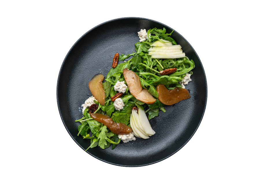 Salad of green leaves, fresh and pickled pears and caramelised nuts